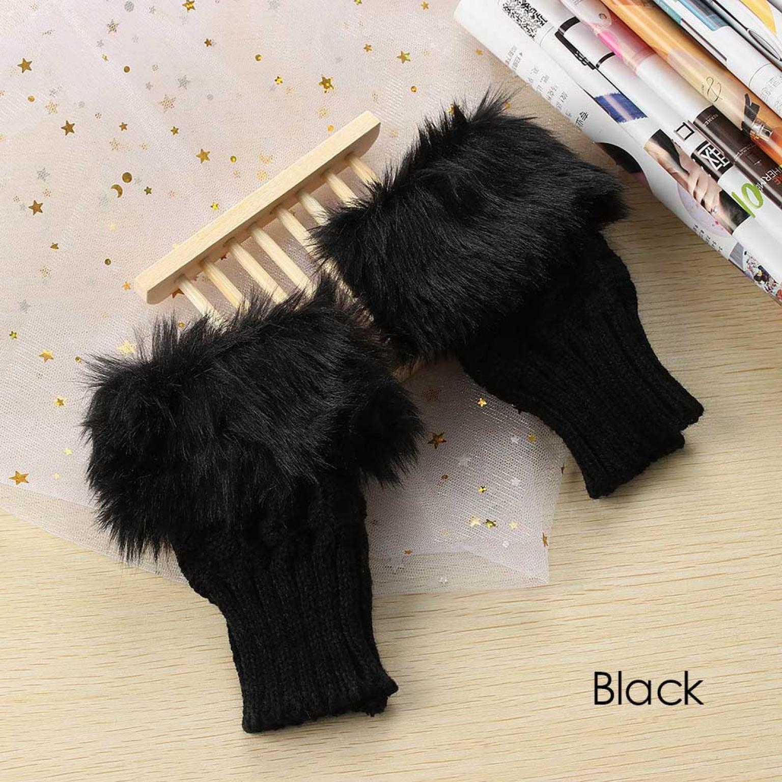 Fashion Women Faux Rabbit Fur Hand Wrist Crochet Knitted Fingerless Gloves Knitting Mittens Winter Autumn Warmer