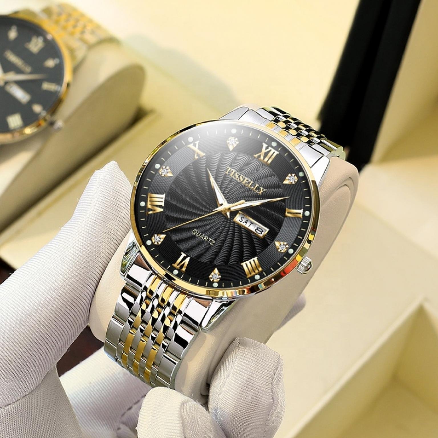 Fashion Business Luminous Mineral Glass Stainless Steel Classic Mens Watches Tisselly T098 Casual Quartz Watches